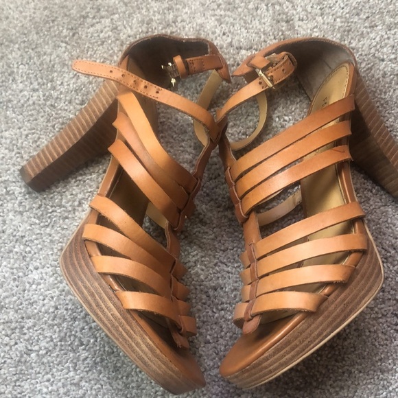 Franco Sarto leather multi strap heel wood block 4” shoes Bauble Dijon 8 - Picture 6 of 8